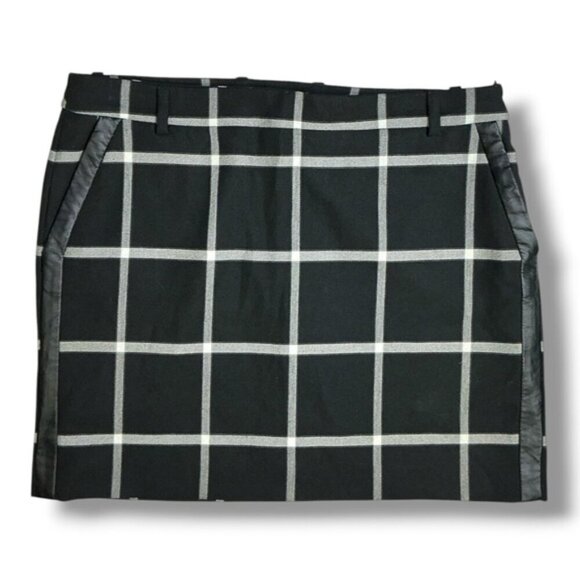 Mng Suit Dresses & Skirts - MNG Windowpane Plaid Skirt Faux Leather Trim Pockets Black White Gray Size 10
